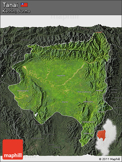 Satellite 3D Map of Tanai, darken, semi-desaturated