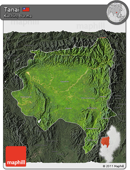 Satellite 3D Map of Tanai, darken, semi-desaturated