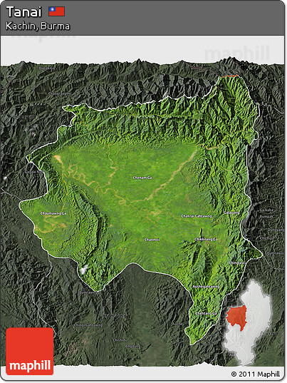 Satellite 3D Map of Tanai, darken, semi-desaturated