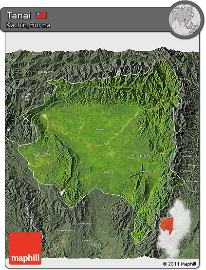 Satellite 3D Map of Tanai, semi-desaturated
