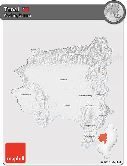 Silver Style 3D Map of Tanai, single color outside