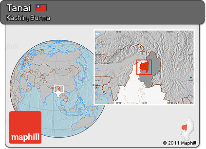 Gray Location Map of Tanai, highlighted country, highlighted parent region, hill shading