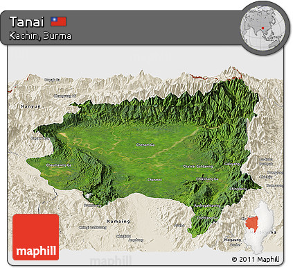 Satellite Panoramic Map of Tanai, shaded relief outside