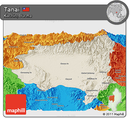 Shaded Relief Panoramic Map of Tanai, political outside