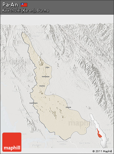 Shaded Relief 3D Map of Pa-An, lighten, semi-desaturated