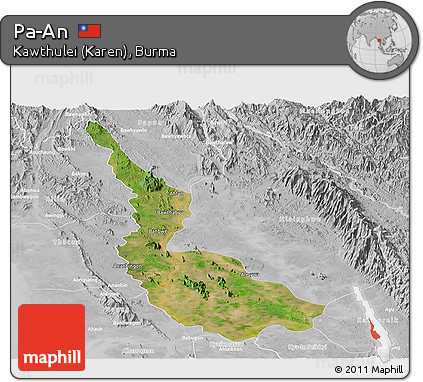 Satellite Panoramic Map of Pa-An, lighten, desaturated