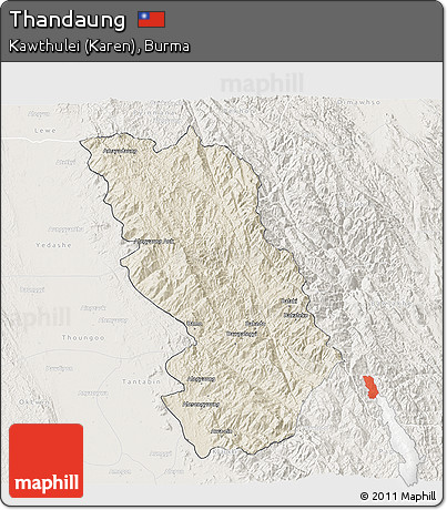 Shaded Relief 3D Map of Thandaung, lighten