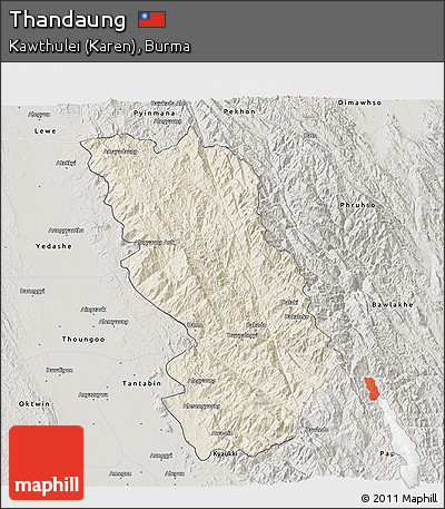 Shaded Relief 3D Map of Thandaung, semi-desaturated
