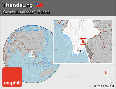Gray Location Map of Thandaung, highlighted country, highlighted parent region, hill shading