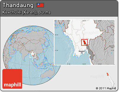 Gray Location Map of Thandaung, highlighted country, highlighted parent region, hill shading