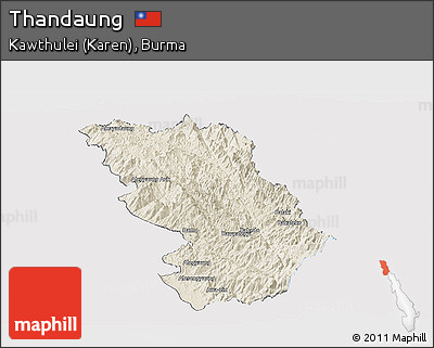 Shaded Relief Panoramic Map of Thandaung, single color outside