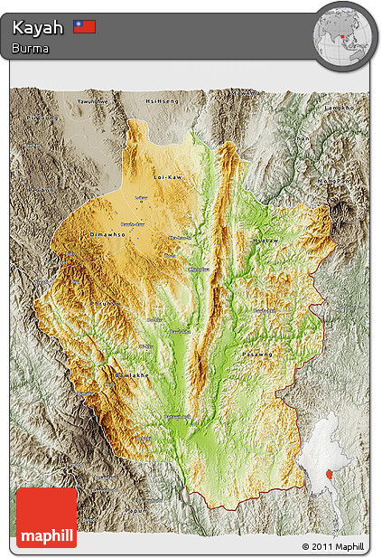 Physical 3D Map of Kayah, semi-desaturated