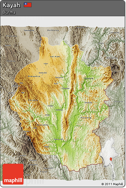 Physical 3D Map of Kayah, semi-desaturated