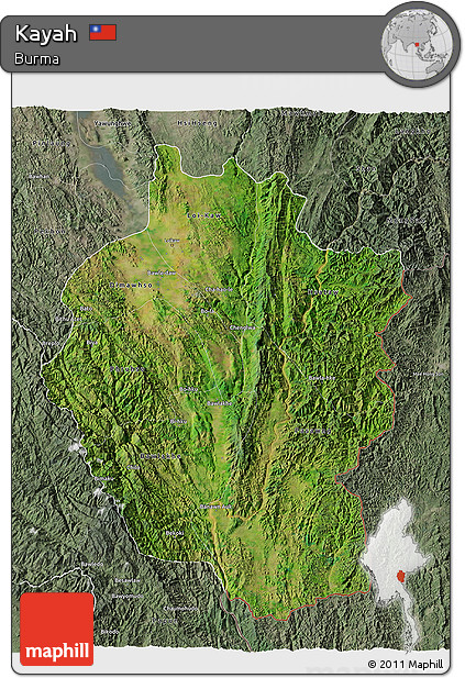 Satellite 3D Map of Kayah, semi-desaturated