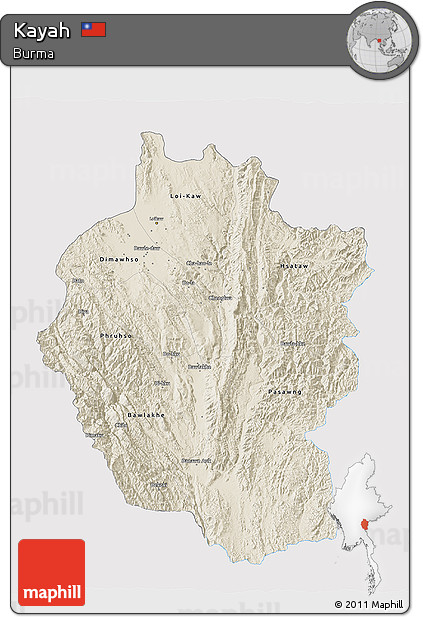Shaded Relief 3D Map of Kayah, single color outside