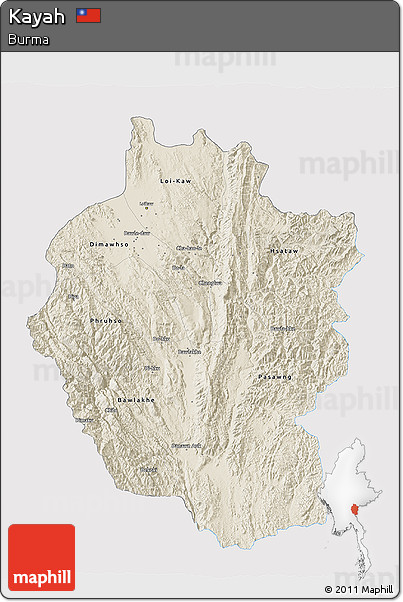 Shaded Relief 3D Map of Kayah, single color outside