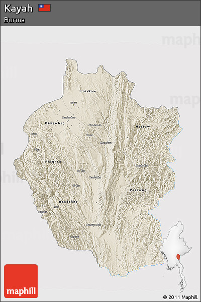 Shaded Relief 3D Map of Kayah, single color outside