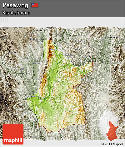 Physical 3D Map of Pasawng, semi-desaturated