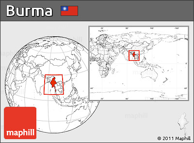 Blank Location Map of Burma, within the entire continent