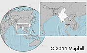 Blank Location Map of Burma, gray outside, hill shading outside