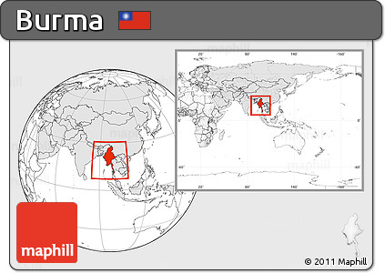 Blank Location Map of Burma, highlighted continent, within the entire continent
