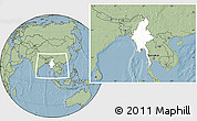 Blank Location Map of Burma, savanna style outside, hill shading outside