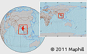 Gray Location Map of Burma, within the entire continent, hill shading