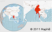 Gray Location Map of Burma, highlighted continent, hill shading