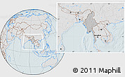 Gray Location Map of Burma, lighten, hill shading