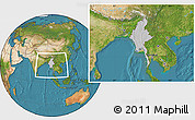 Gray Location Map of Burma, satellite outside, hill shading