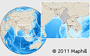Gray Location Map of Burma, shaded relief outside, hill shading