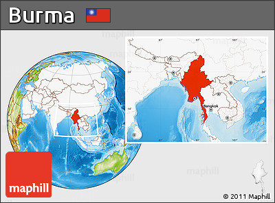 Physical Location Map of Burma, highlighted continent