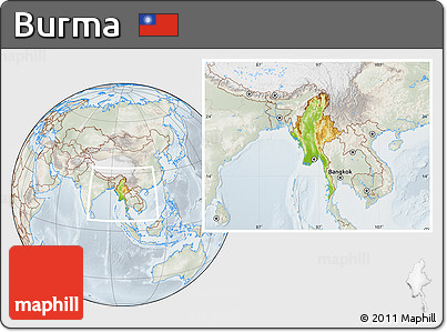 Physical Location Map of Burma, lighten, semi-desaturated