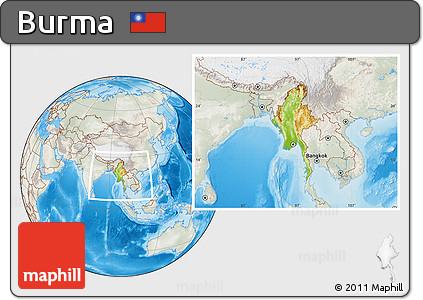 Physical Location Map of Burma, lighten, semi-desaturated, land only