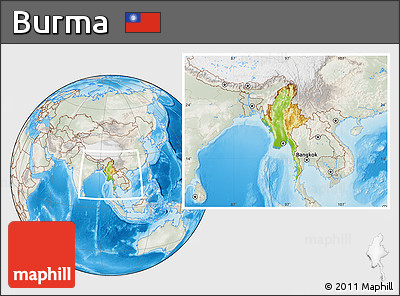 Physical Location Map of Burma, lighten, semi-desaturated, land only