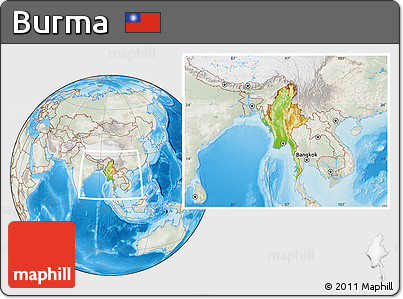 Physical Location Map of Burma, lighten, semi-desaturated, land only