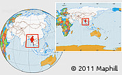 Political Location Map of Burma, highlighted continent, within the entire continent