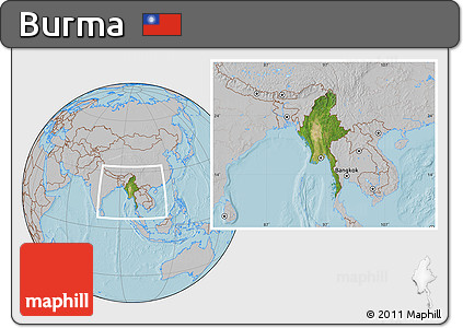 Satellite Location Map of Burma, gray outside, hill shading