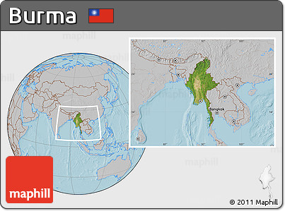 Satellite Location Map of Burma, gray outside, hill shading