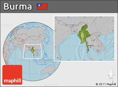 Satellite Location Map of Burma, gray outside, hill shading