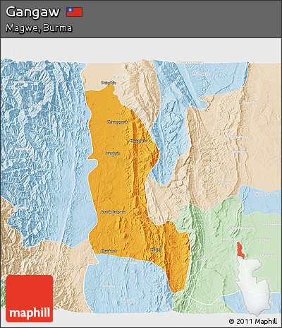 Political 3D Map of Gangaw, lighten
