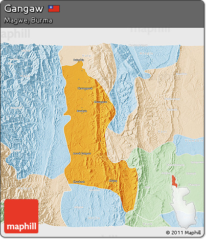 Political 3D Map of Gangaw, lighten