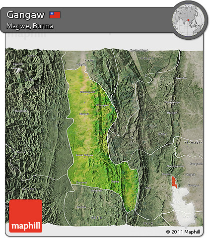 Satellite 3D Map of Gangaw, semi-desaturated