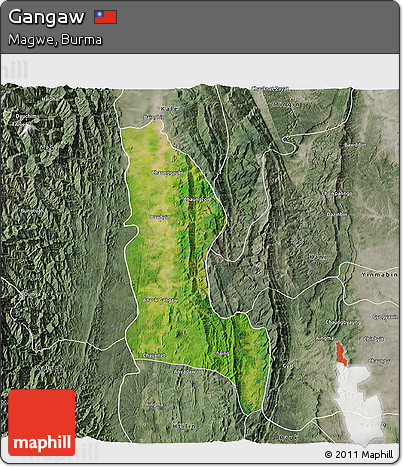 Satellite 3D Map of Gangaw, semi-desaturated