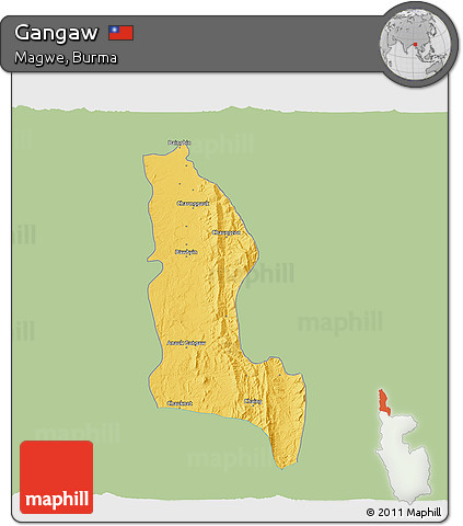 Savanna Style 3D Map of Gangaw, single color outside