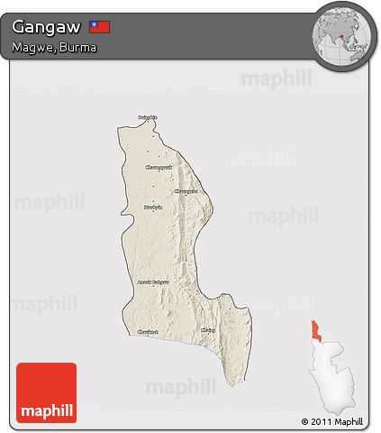 Shaded Relief 3D Map of Gangaw, single color outside