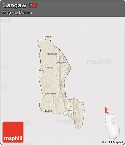 Shaded Relief 3D Map of Gangaw, single color outside