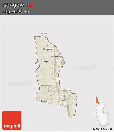 Shaded Relief 3D Map of Gangaw, single color outside