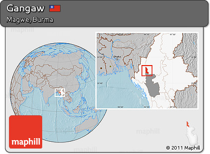 Gray Location Map of Gangaw, highlighted country, highlighted parent region, hill shading