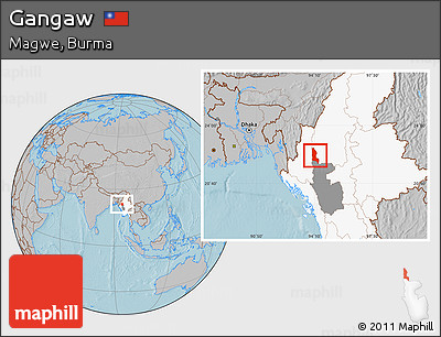 Gray Location Map of Gangaw, highlighted country, highlighted parent region, hill shading